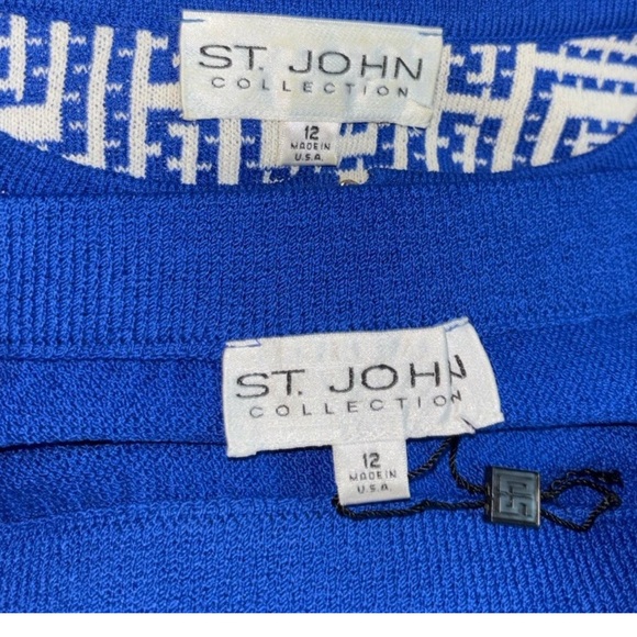 St. John Collection Suit Blue White Patterned Cardigan Blazer Skirt set size 12 - Picture 5 of 6